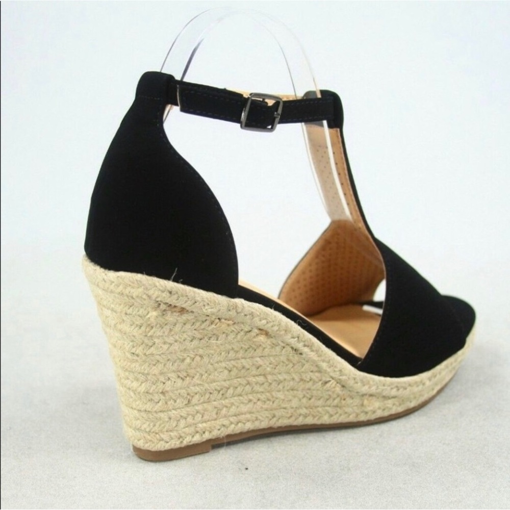 Perforated T-Strap Espadrille Black Wedge Multi Sizes NIB - Picture 2 of 9